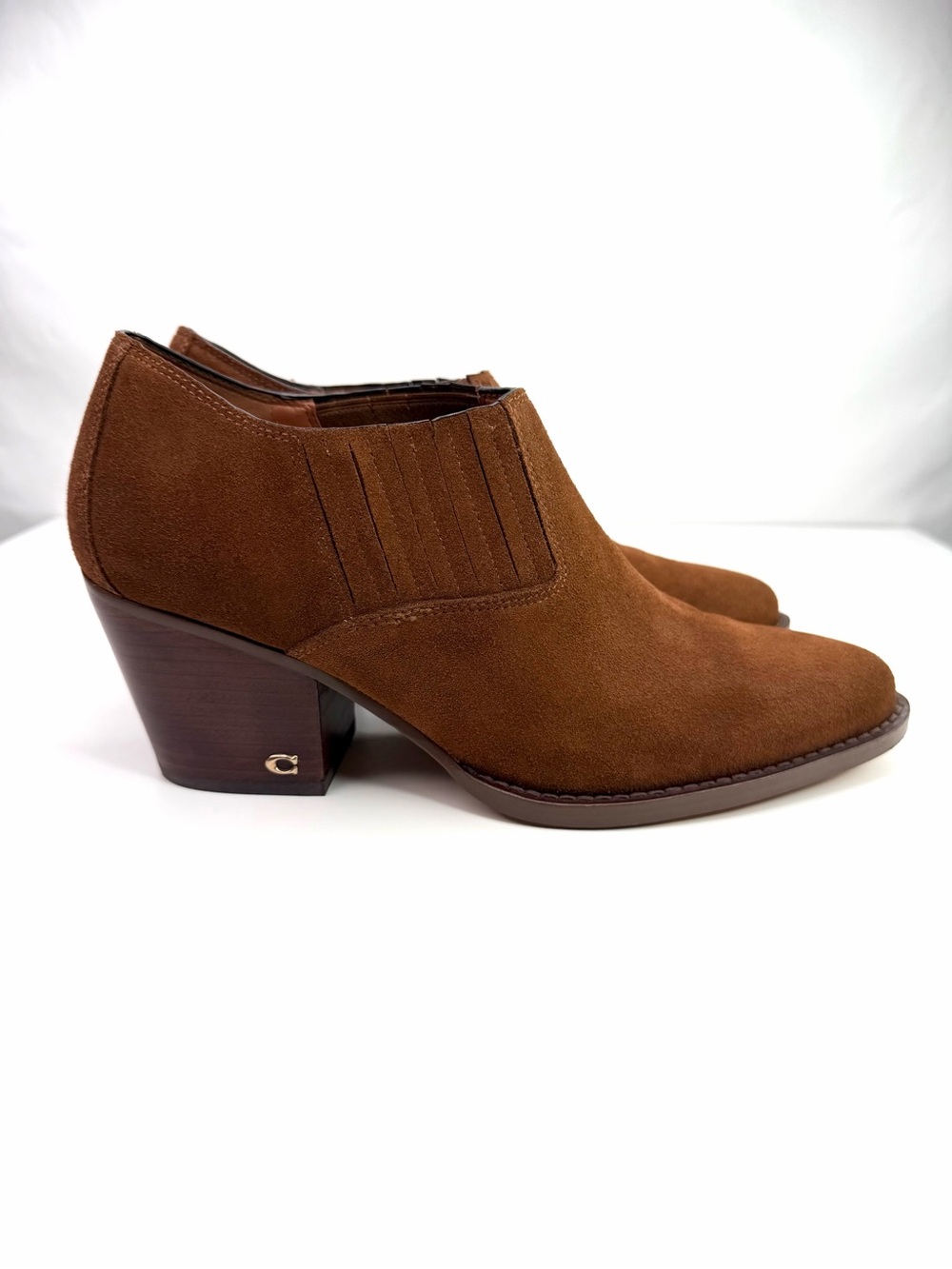 Coach Perri Tan Suede Low Block Heel Booties